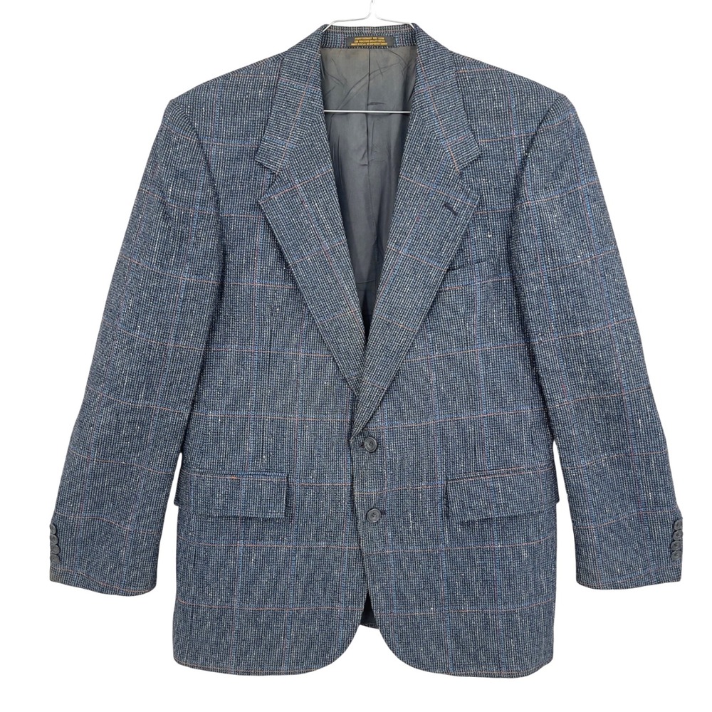 Vintage Evan Picone Mens Blazer Blue Windowpane Tweed Sport Coat 70s MCM 42R
